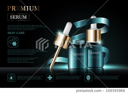 Hydrating facial serum for annual sale or festival sale. green and gold cream mask bottle isolated on golden light background. Graceful cosmetic ads, illustration. 108393968