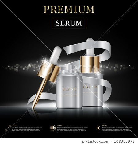 Hydrating facial serum for annual sale or festival sale. white and gold cream mask bottle isolated on golden light background. Graceful cosmetic ads, illustration. 108393975