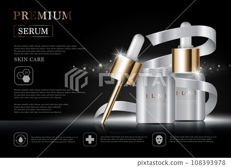 Hydrating facial serum for annual sale or festival sale. white and gold cream mask bottle isolated on golden light background. Graceful cosmetic ads, illustration. 108393978