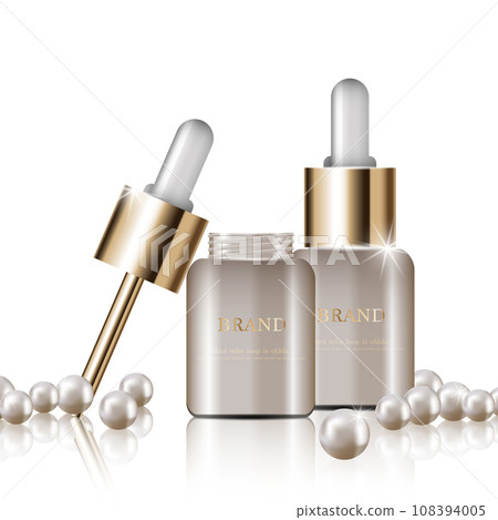 Hydrating facial serum for annual sale or festival sale. white pearl and gold cream mask bottle isolated on golden light background. Graceful cosmetic ads, illustration. 108394005