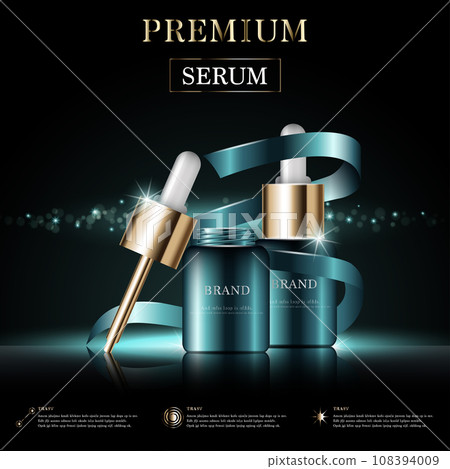 Hydrating facial serum for annual sale or festival sale. green and gold cream mask bottle isolated on golden light background. Graceful cosmetic ads, illustration. 108394009