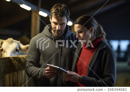 Couple holding a tablet to check production in a cattle farm with Generative AI 108394081