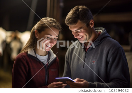 Couple holding a tablet to check production in a cattle farm with Generative AI 108394082