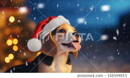 AI-generated content. Beagle dog in red hat on festive christmas background with copy space 108394653