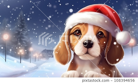 AI-generated content. Beagle dog in red hat on christmas background with copy space, Illustration 108394656