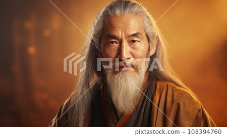 Portrait of an elderly handsome Asian senior man old with gray long hair, on a golden background 108394760