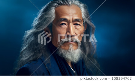 Portrait of an elderly handsome Asian senior man old with gray long hair, on a dark blue background, Portrait of an elderly handsome Asian senior man old with gray long hair, on a dark blue background, 108394762