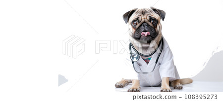 A dog with glasses, a stethoscope and a doctor's suit on a white background. Banner A dog with glasses, a stethoscope and a doctor's suit on a white background. Banner 108395273