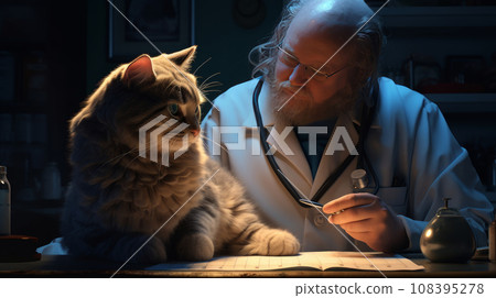 A fluffy cat at an appointment with an old veterinarian in the clinic. A fluffy cat at an appointment with an old veterinarian in the clinic. 108395278