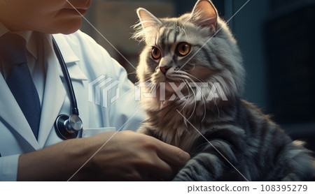 Cat in the arms of a veterinarian in the clinic, close-up. Pet care and grooming concept. Cat in the arms of a veterinarian in the clinic, close-up. Pet care and grooming concept. 108395279
