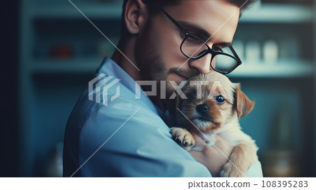 Cute dog in the arms of a veterinarian against the backdrop of sunlight, close-up. 108395283