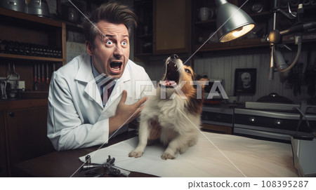 A veterinarian and a dog scream loudly in a veterinary clinic. 108395287