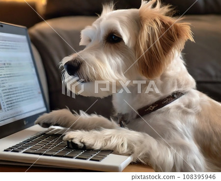 Business dog operating a computer Business dog operating a computer 108395946