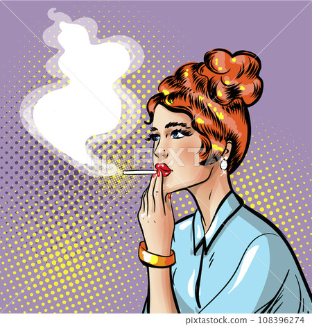 Fashionable pin-up smoking girl with smoking cigarette in her hand where there is place for text Fashionable pin-up smoking girl with smoking cigarette in her hand where there is place for text 108396274