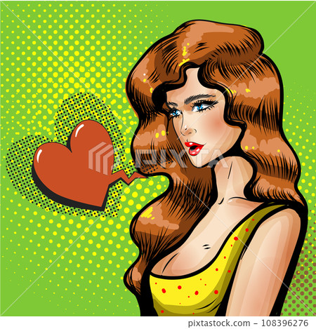 Vector of beautiful pin-up girl with heart shaped speech bubble. Modern pretty girl. Place for text 108396276