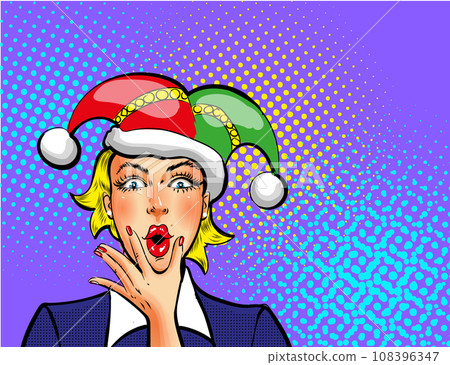 Vector pop art april fools day woman in jester hat 108396347