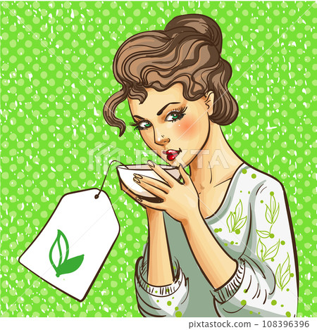Vector pop art illustration of woman with cup of tea 108396396