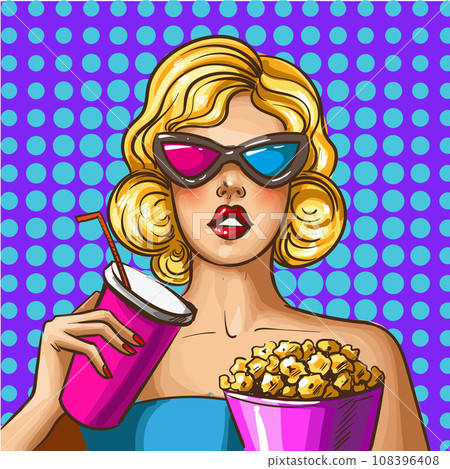 Vector pop art illustration of beautiful lady in 3d glasses 108396408
