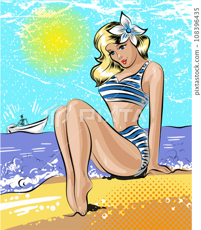 Vector pop art illustration of woman at the seaside Vector pop art illustration of woman at the seaside 108396435