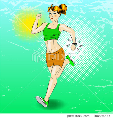 Vector pop art illustration of sporty girl running Vector pop art illustration of sporty girl running 108396443
