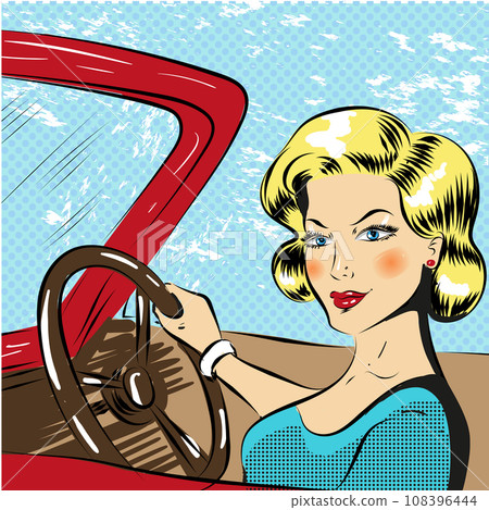 Vector pop art illustration of woman driving red cabriolet Vector pop art illustration of woman driving red cabriolet 108396444