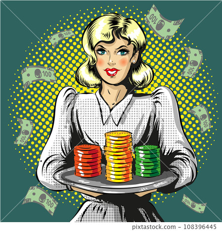 Vector pop art illustration of woman with gambling chips 108396445