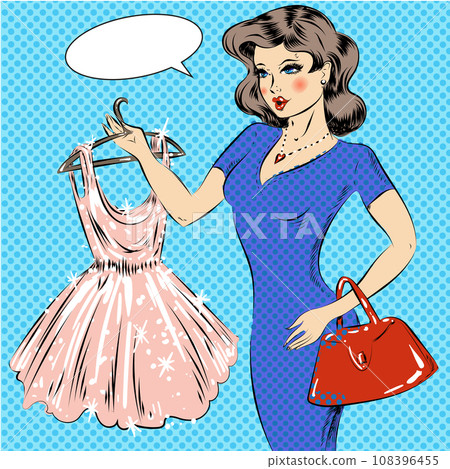Vector pop art illustration of girl with cocktail dress 108396455