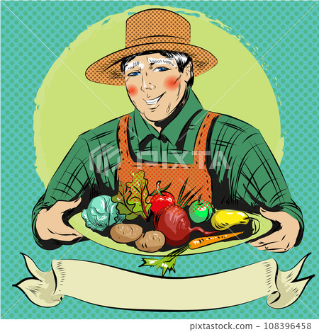 Vector pop art illustration of happy farmer with vegetables 108396458