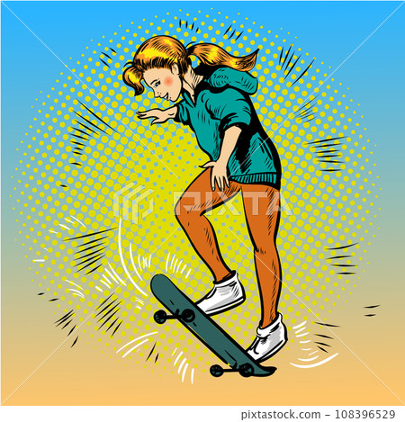 Vector pop art illustration of girl riding skateboard Vector pop art illustration of girl riding skateboard 108396529