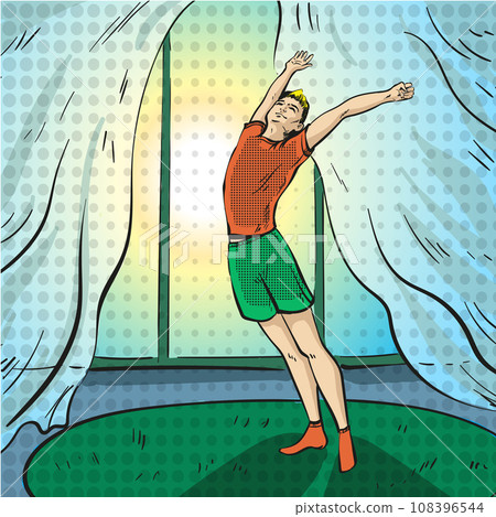 Vector pop art illustration of boy waking up in morning 108396544