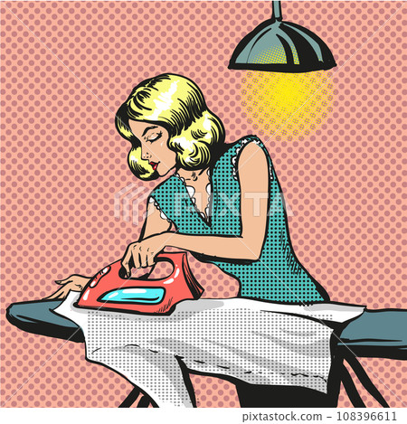 Vector pop art illustration of woman ironing clothes Vector pop art illustration of woman ironing clothes 108396611