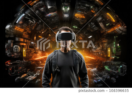A boy wearing VR headset user, surreal world and smart glasses futuristic technology. Generative AI 108396635
