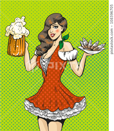 Vector pop art illustration of girl with beer and fish 108396705