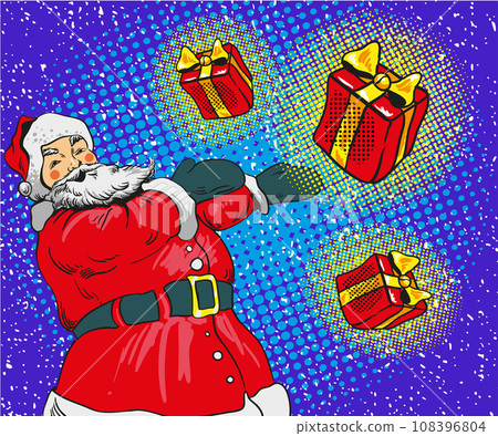 Santa claus with gifts vector illustration in comic pop art style. Merry Christmas holiday concept poster and greetings card Santa claus with gifts vector illustration in comic pop art style. Merry Christmas holiday concept poster and greetings card 108396804