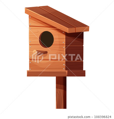 Wooden bird house, place for nest, empty decoration in cartoon style textured wood object isolated on white background. Springtime decoration, hanging home. Wooden bird house, place for nest, empty decoration in cartoon style textured wood object isolated on white background. Springtime decoration, hanging home. 108396824