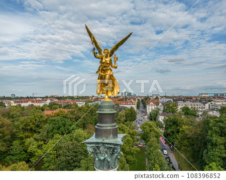 aerial golden peace angel Friedensengel in Muenchen City Statue Munich fountain 108396852