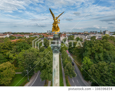 aerial golden peace angel Friedensengel in Muenchen City Statue Munich fountain aerial golden peace angel Friedensengel in Muenchen City Statue Munich fountain 108396854
