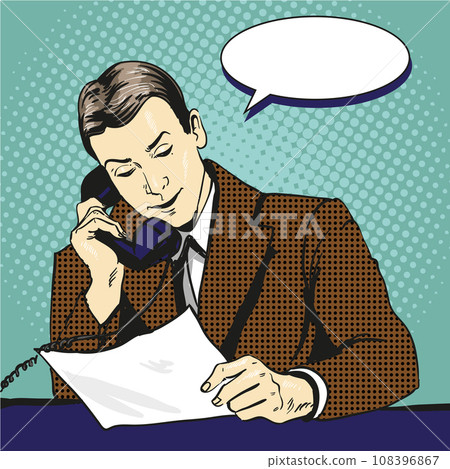 Businessman talking by phone and reading documents. Vector illustration in retro pop art comic style 108396867