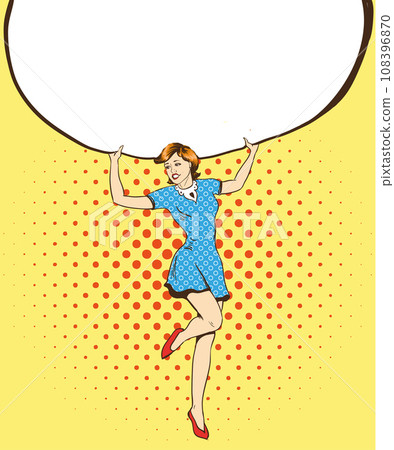 Woman holds blank white paper poster. Pop art comic retro style vector illustration. Put your own text template Woman holds blank white paper poster. Pop art comic retro style vector illustration. Put your own text template 108396870