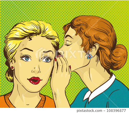 Pop art retro comic vector illustration. Woman whispering gossip or secret to her friend 108396877