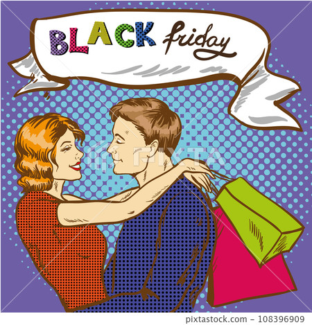 Vector illustration of happy couple with bags, pop art style. Vector illustration of happy couple with bags, pop art style. 108396909