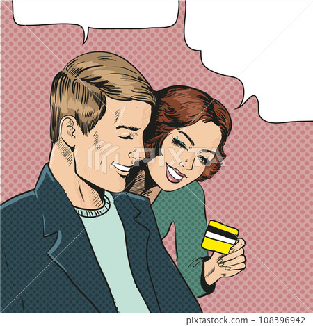 Vector illustration of couple looking at credit card, pop art Vector illustration of couple looking at credit card, pop art 108396942