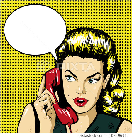 Woman talking by phone with speech bubble. Vector illustration in retro comic pop art style 108396963