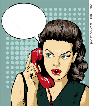 Woman talking by phone with speech bubble. Vector illustration in retro comic pop art style Woman talking by phone with speech bubble. Vector illustration in retro comic pop art style 108396964