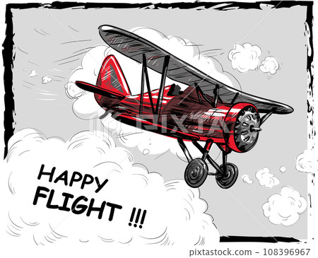 Lets travel concept vector illustration. Retro airplane poster. Old model plane is flying in the sky postcard Lets travel concept vector illustration. Retro airplane poster. Old model plane is flying in the sky postcard 108396967