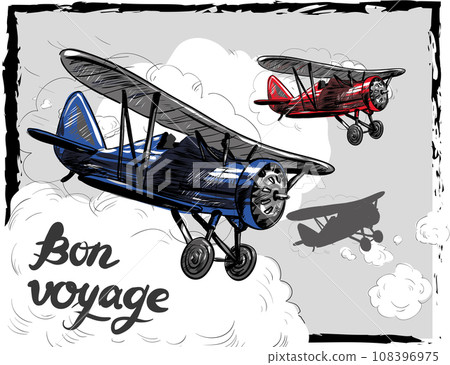Lets travel concept vector illustration. Retro airplane poster. Old model plane is flying in the sky postcard. Bon Voyage 108396975