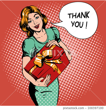 Woman hold gift box. Thank you speech bubble. Vector illustration in retro comic pop art style. 108397100