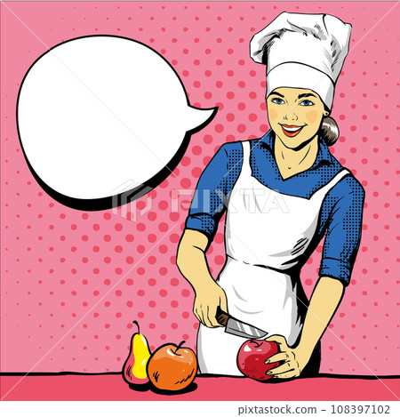 Beautiful woman cooking. Vector illustration in retro pop art style. Female chef in uniform. Restaurant concept Beautiful woman cooking. Vector illustration in retro pop art style. Female chef in uniform. Restaurant concept 108397102