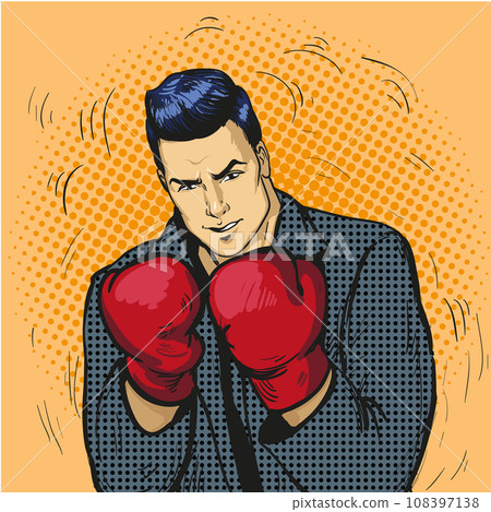 Man in boxing gloves vector illustration in comic pop art style. Businessman ready to fight and protect his business concept 108397138
