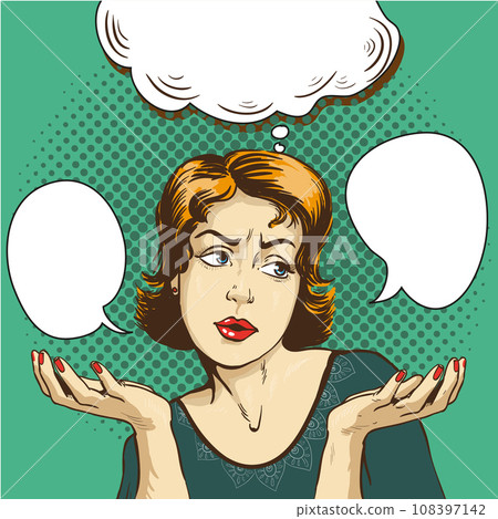 Woman thinking about difficult choice. Vector illustration in comic pop art style Woman thinking about difficult choice. Vector illustration in comic pop art style 108397142